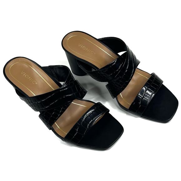 Vionic Merlot Womens Heeled Black Leather Croc Embossed Sandal Size 10 Wide New - Picture 1 of 10